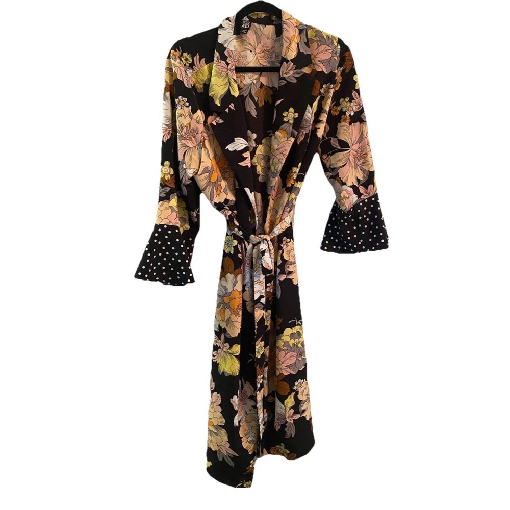 ROZ & ALI size 1x Kimono Robe Lounge Tie Waist Midi Length Floral Polka Dot